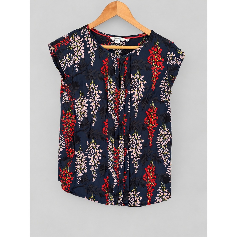 Boden Silk Blend Wisteria Floral Blouse Navy Blue Red Cap Sleeve Top W0041 US 4